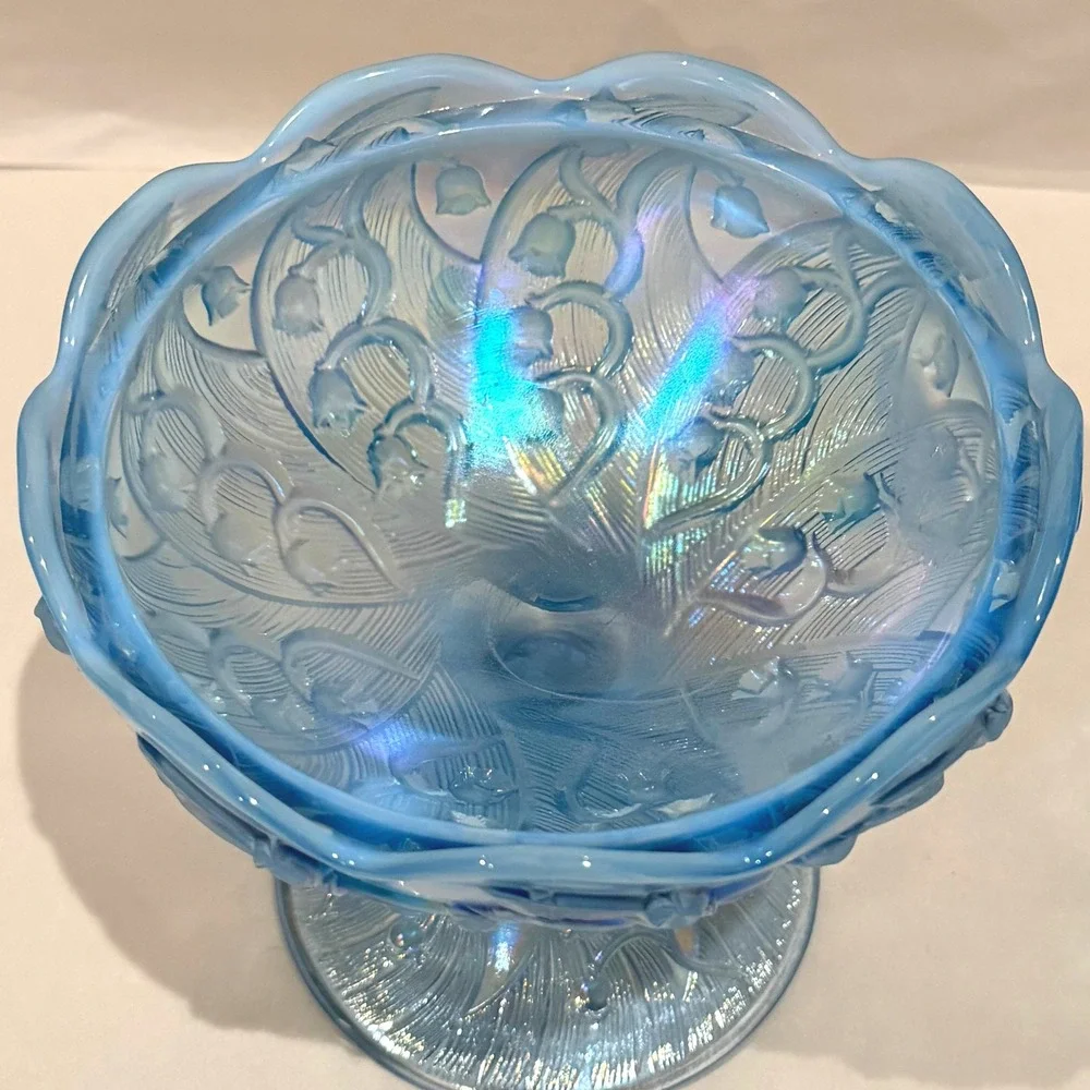 Fenton Lily of the Valley Blue Opalescent Moon Glass Lidded Candy Dish Vintage